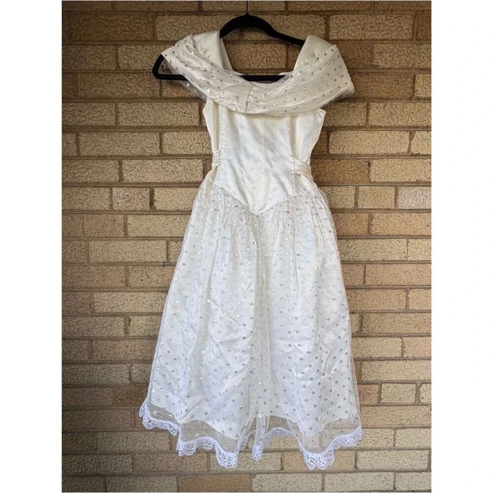 Vintage Amy Too! Byer California Girls' White Silver Satin Lace Dress Size 8
